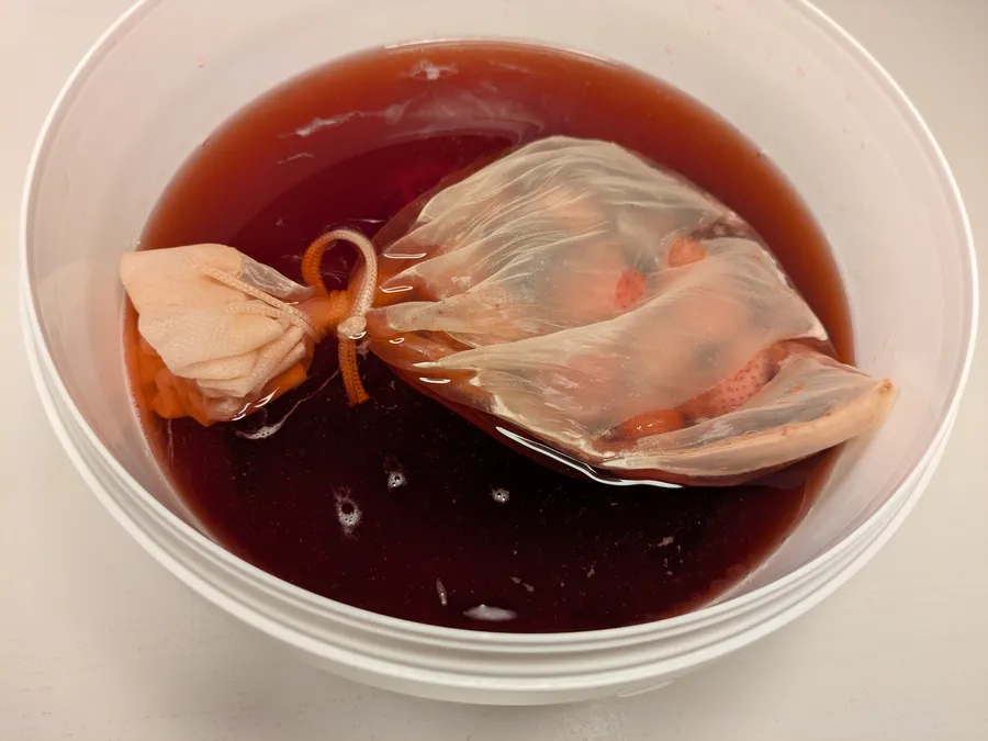 Mead fermenting with berries in a filter bag.