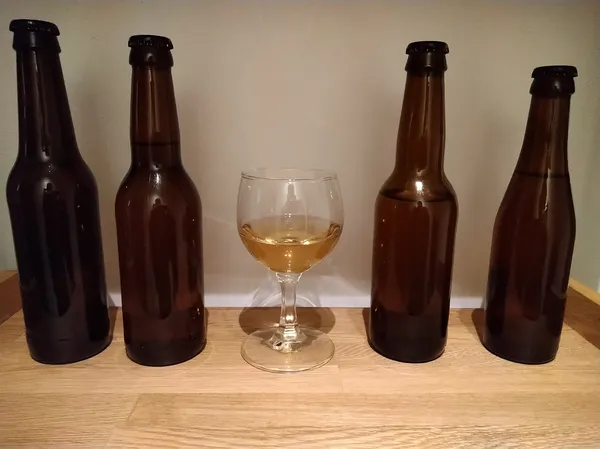 Metheglin chili mead in a glass and four dark bottles.