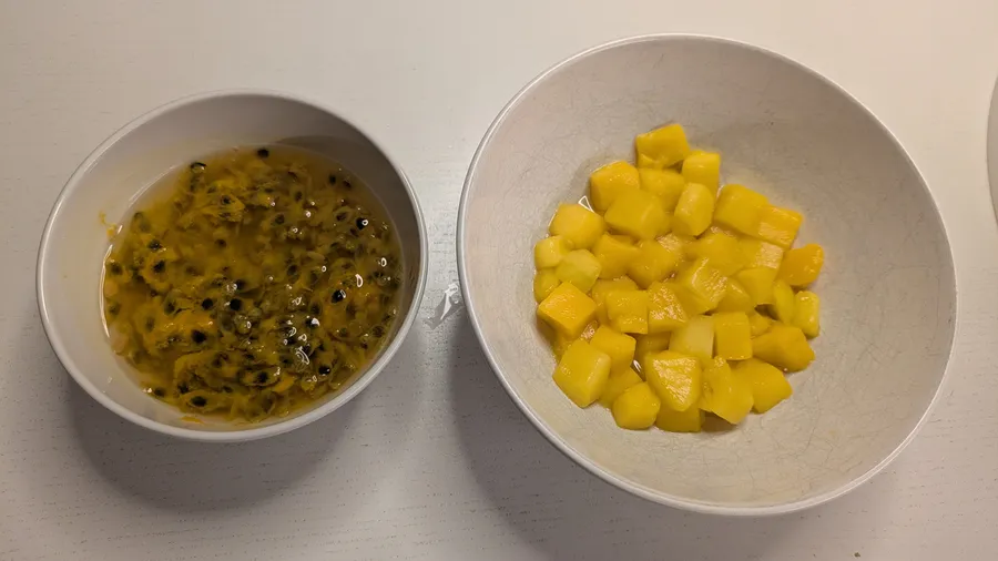 Mango and passion fruit in bowls.