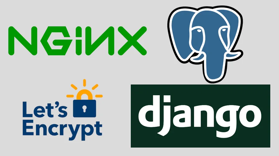 Nginx, postgresql, django and Let's Encrypt logos.